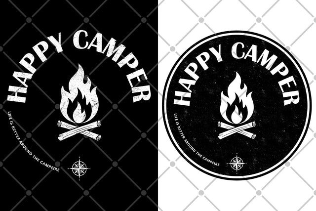 Happy Camper Campfire Black & White Png Sublimation Karma Genie Graphics 