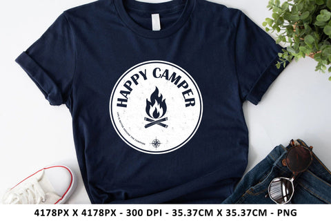 Happy Camper Campfire Black & White Png Sublimation Karma Genie Graphics 