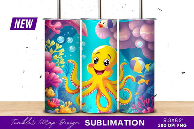 Happy Cartoon Octopus Underwater Scene Tumbler Png Sublimation Regulrcrative 