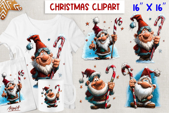 Happy Christmas gnome clipart with candy cane Cute gnomes Sublimation Angelina Semenova 