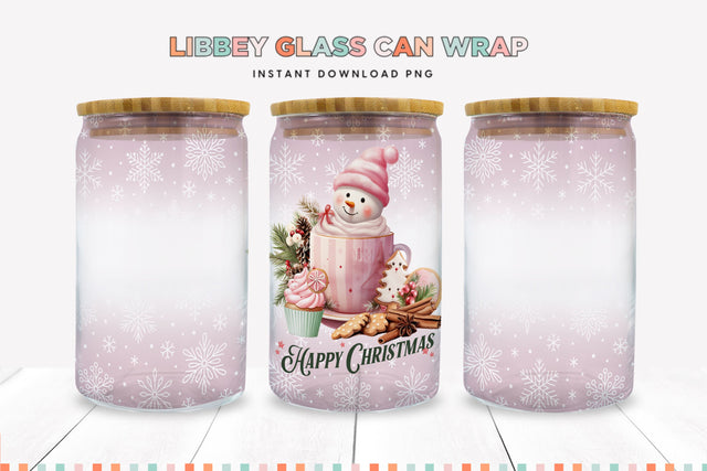 Happy Christmas Snowman Glass Can Sublimation PNG Sublimation BijouBay 