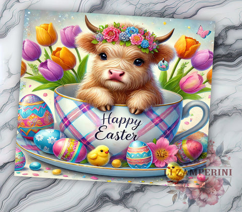 Happy Easter Baby Highland Cow Spring Tumbler Wrap, Cute Baby Highland Cow, 20oz Tumbler Wrap, Easter Decor, Highland Cow Sublimation, Spring Drinkware, Easter Gifts Sublimation Li Zamperini 