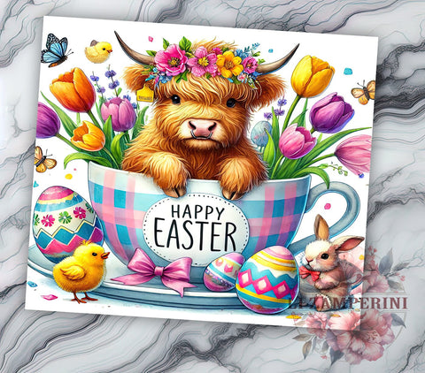 Happy Easter Baby Highland Cow Spring Tumbler Wrap, Cute Baby Highland Cow, 20oz Tumbler Wrap, Easter Decor, Highland Cow Sublimation, Spring Drinkware, Easter Gifts Sublimation Li Zamperini 