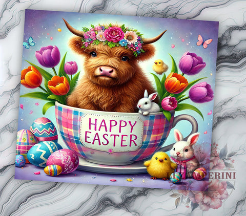 Happy Easter Baby Highland Cow Spring Tumbler Wrap, Cute Baby Highland Cow, 20oz Tumbler Wrap, Easter Decor, Highland Cow Sublimation, Spring Drinkware, Easter Gifts Sublimation Li Zamperini 