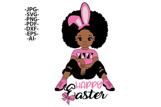 Happy Easter Black Girl SVG with Bunny Ears Afro T-Shirt Design Pink Outfit PNG JPG PDF EPS DXF AI Cute Sitting Pose Clipart for Cricut Projects SVG 1uniqueminute 