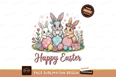 Happy Easter Bunnies With Eggs Illustration Sublimation Designangry 