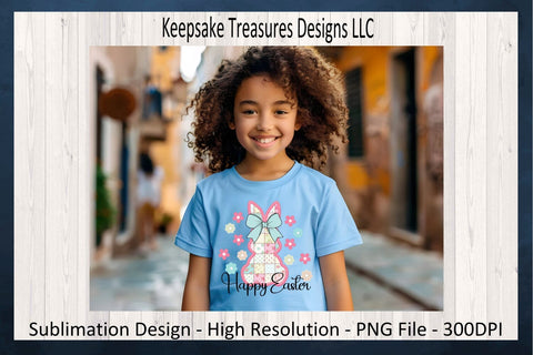 Happy Easter Bunny, Pink Stitch Faux Embroidery, Spring Flowers Sublimation PNG, Digital Download, Happy Easter PNG Sublimation Keepsake Treasures Designs LLC. 