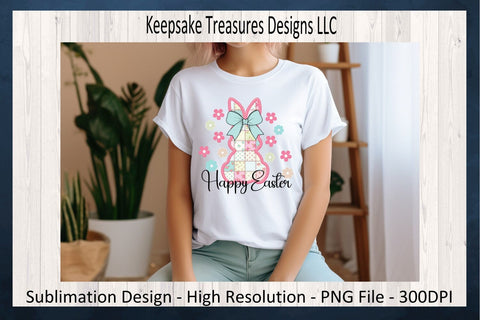Happy Easter Bunny, Pink Stitch Faux Embroidery, Spring Flowers Sublimation PNG, Digital Download, Happy Easter PNG Sublimation Keepsake Treasures Designs LLC. 
