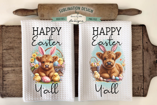 Happy Easter Highland Cow Kitchen Towel Sublimation Design Sublimation Ewe-N-Me Designs 