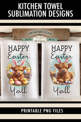 Happy Easter Highland Cow Kitchen Towel Sublimation Design Sublimation Ewe-N-Me Designs 