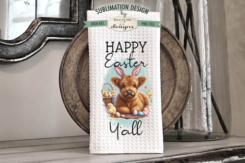 Happy Easter Highland Cow Kitchen Towel Sublimation Design Sublimation Ewe-N-Me Designs 