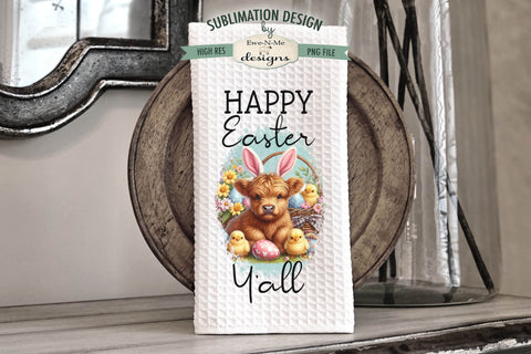 Happy Easter Highland Cow Kitchen Towel Sublimation Design Sublimation Ewe-N-Me Designs 