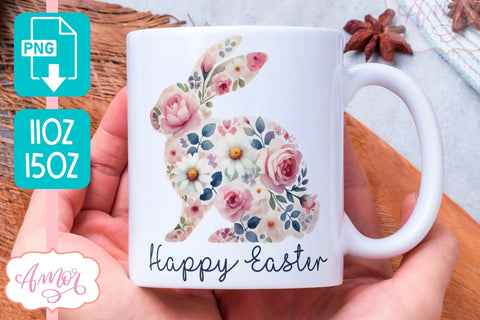 Happy Easter Mug Wrap PNG, Floral rabbit mug sublimation PNG Sublimation Amorclipart 