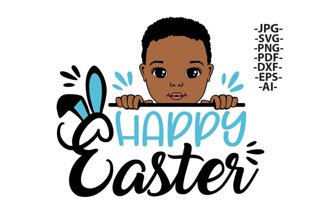 Happy Easter SVG Black Boy Bunny Ears Afro Kid Clipart PNG PDF EPS DXF AI JPG Cute Spring Design for Cricut Easter Shirts Cards and Crafts SVG 1uniqueminute 
