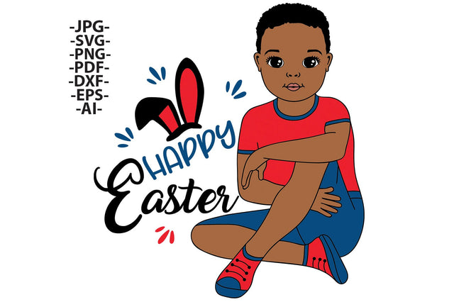 Happy Easter SVG Black Boy Sitting Bunny Ears Clipart PNG PDF EPS DXF AI JPG Cute Red Blue Outfit Design for Cricut Spring Holiday Crafts SVG 1uniqueminute 