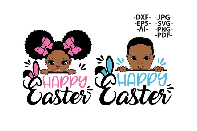 Happy Easter SVG Black Kids Bundle | Afro Girl and Boy Easter Clipart with Bunny Ears, PNG for Cricut, Sublimation, DXF Spring Design SVG 1uniqueminute 