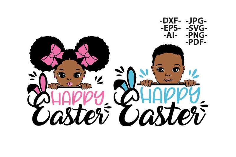 Happy Easter SVG Black Kids Bundle | Afro Girl and Boy Easter Clipart with Bunny Ears, PNG for Cricut, Sublimation, DXF Spring Design SVG 1uniqueminute 