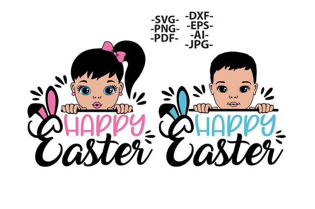 Happy Easter SVG Bundle with White Girl and Boy | Cute Kids Bunny Ears Clipart, Pastel Pink & Blue PNG for Cricut, Sublimation, DXF Designs SVG 1uniqueminute 