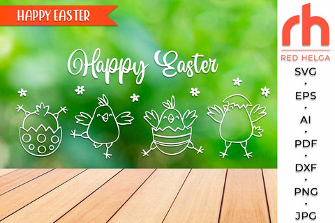 Happy Easter SVG, Chicks with Eggs Outline, Easter Scene Cut File, Spring Window Decor DXF, Farmhouse Design Vector SVG RedHelgaArt 