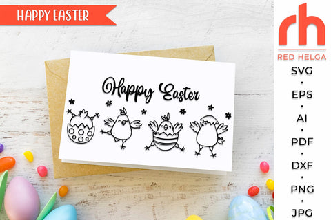 Happy Easter SVG, Chicks with Eggs Outline, Easter Scene Cut File, Spring Window Decor DXF, Farmhouse Design Vector SVG RedHelgaArt 