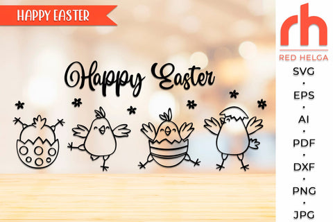 Happy Easter SVG, Chicks with Eggs Outline, Easter Scene Cut File, Spring Window Decor DXF, Farmhouse Design Vector SVG RedHelgaArt 