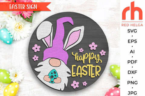 Happy Easter SVG, Layered Door Sign Cut File, Gnome Bunny DXF SVG RedHelgaArt 