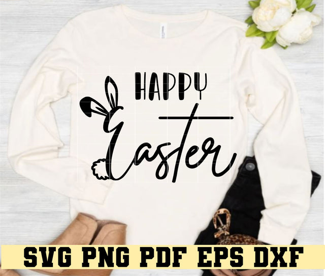 Happy Easter with Bunny Ears and Tail - Easter Shirt Design - Digital Cut File for Cricut - SVG PNG PDF DXF EPS SVG DigitalDesigns365 