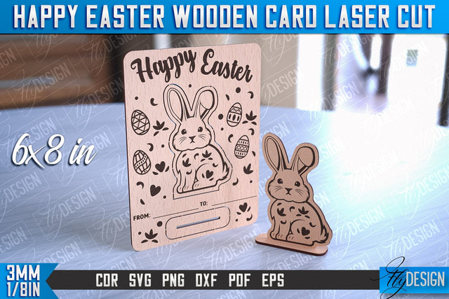 Happy Easter Wooden Card Laser Cut | Easter Bunny Design | CNC Files SVG Fly Design 