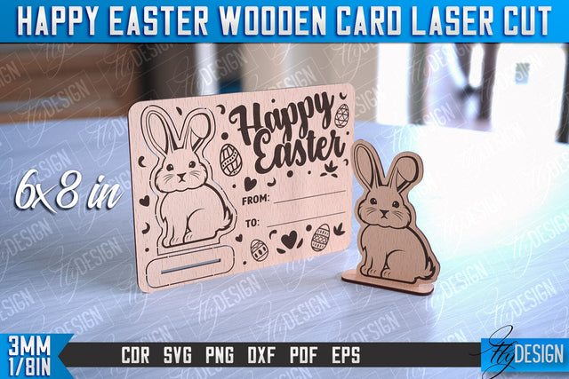 Happy Easter Wooden Card Laser Cut | Easter Bunny Design | CNC Files SVG Fly Design 
