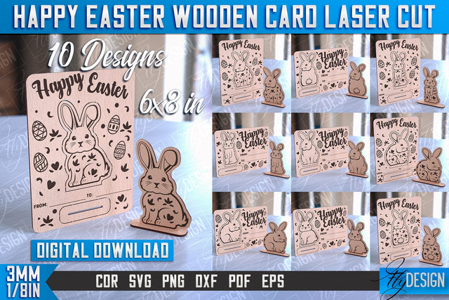 Happy Easter Wooden Card Laser Cut | Easter Bunny Design | CNC Files SVG Fly Design 