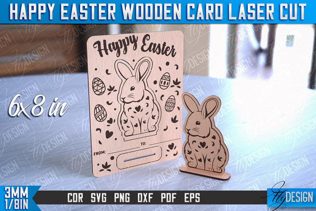 Happy Easter Wooden Card Laser Cut | Easter Bunny Design | CNC Files SVG Fly Design 