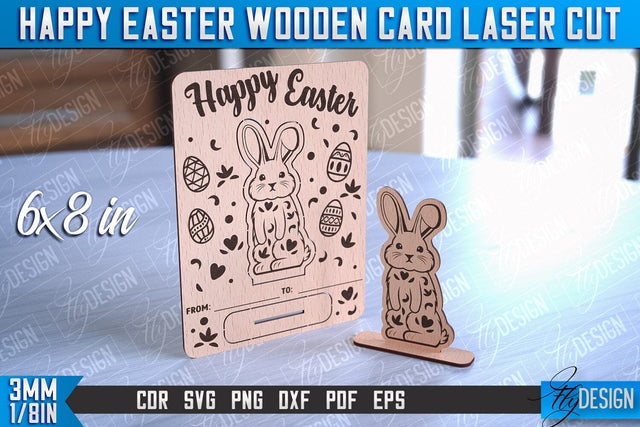 Happy Easter Wooden Card Laser Cut | Easter Bunny Design | CNC Files SVG Fly Design 