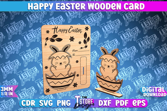 Happy Easter Wooden Card Laser Cut | Easter Bunny Design | CNC Files SVG The T Store Design 