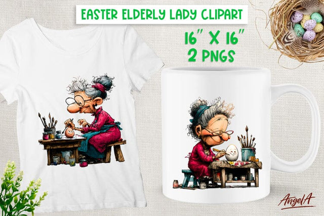 Happy Elderly lady coloring Easter eggs clipart Grandma PNG Sublimation Angelina Semenova 