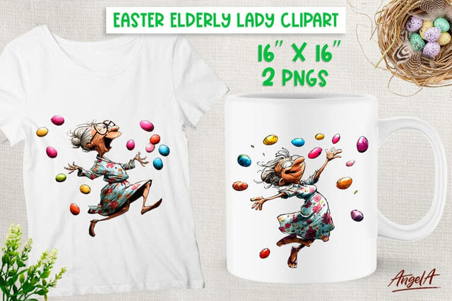 Happy Elderly lady with Easter eggs clipart PNG Sublimation Angelina Semenova 