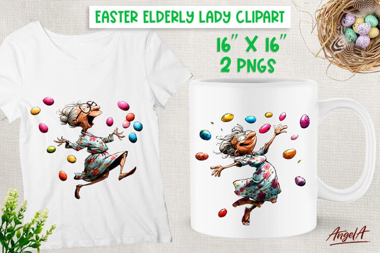 Happy Elderly lady with Easter eggs clipart PNG Sublimation Angelina Semenova 