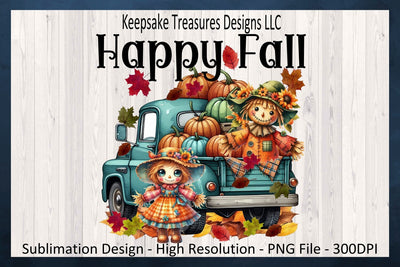 Happy Fall, Scarecrow Teal Pumpkin Farm Truck, Sublimation PNG, Fall Shirt Design, Digital Download, PNG Printable Sublimation Keepsake Treasures Designs LLC. 