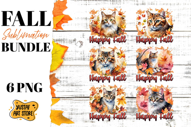 Happy Fall sublimation Bundle. Watercolor Cat in fall leaves Sublimation Yustaf Art Store 