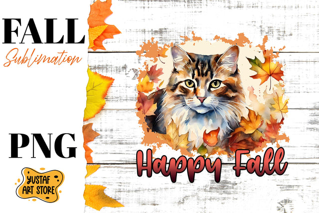 Happy Fall sublimation design. Watercolor Cat in fall leaves Sublimation Yustaf Art Store 