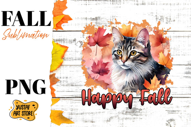 Happy Fall sublimation design. Watercolor Cat in fall leaves Sublimation Yustaf Art Store 