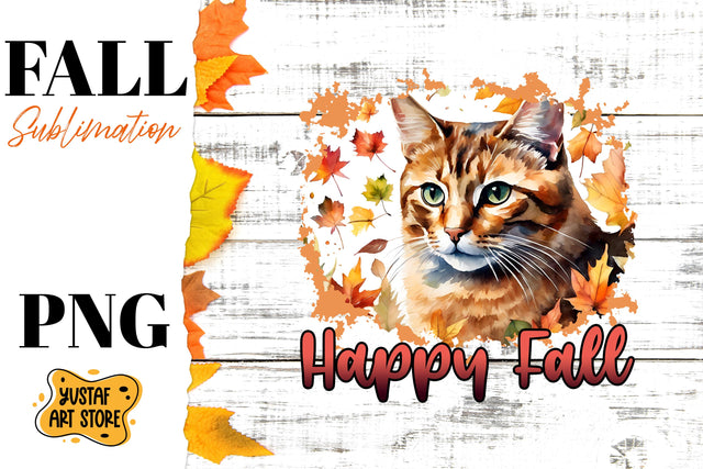 Happy Fall sublimation design. Watercolor Cat in fall leaves Sublimation Yustaf Art Store 