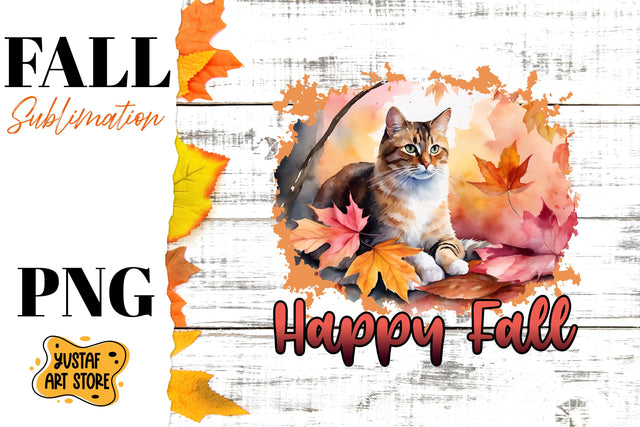Happy Fall sublimation design. Watercolor Cat in fall leaves Sublimation Yustaf Art Store 