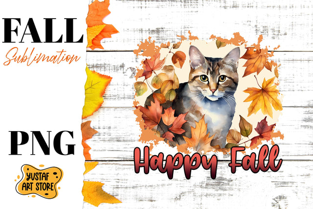 Happy Fall sublimation design. Watercolor Cat in fall leaves Sublimation Yustaf Art Store 