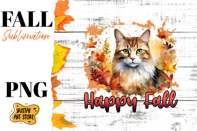 Happy Fall sublimation design. Watercolor Cat in fall leaves Sublimation Yustaf Art Store 