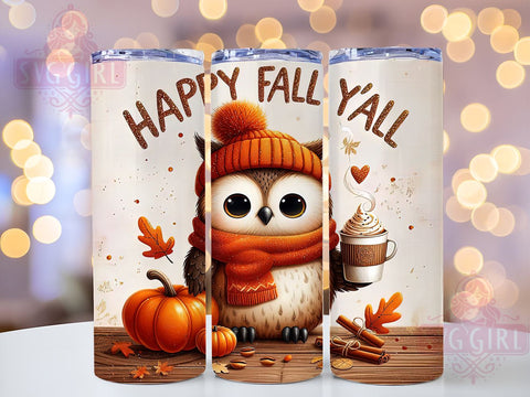Happy Fall Y'all, Owl Tumbler Design, 20oz PNG File, Fall Sublimation Art, Autumn Decor, Cute Owl Graphics, Seasonal Tumbler, Fall Themed Design Sublimation SvggirlplusArt 