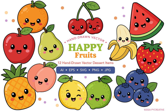 Happy Fruits Clipart SVG PNG EPS JPG SVG Patty Young Creative 