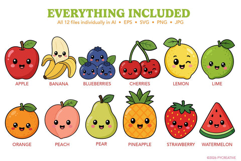 Happy Fruits Clipart SVG PNG EPS JPG SVG Patty Young Creative 