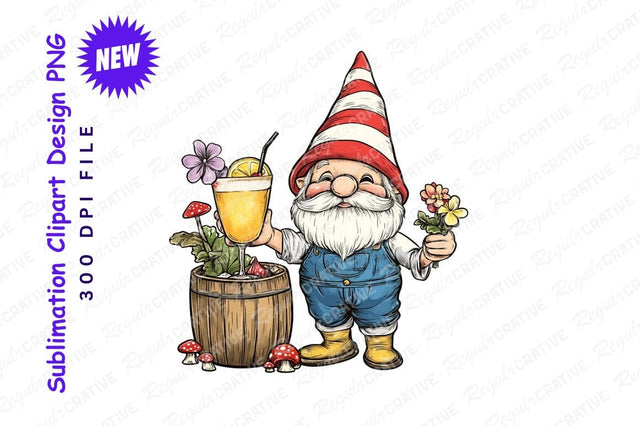 Happy Garden Gnome With Drink And Flowers Sublimation Regulrcrative 