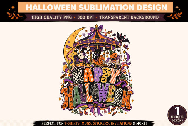 Happy Halloween Carousel PNG Sublimation Design with Whimsical Spooky Animals, Black Cat, Ghosts, Pumpkin Horses and Purple Orange Carnival, Crescent Moon, Decorative Bows and Retro Patterned Typography for T Shirts, Mugs and Stickers Sublimation BlackCatsMedia 