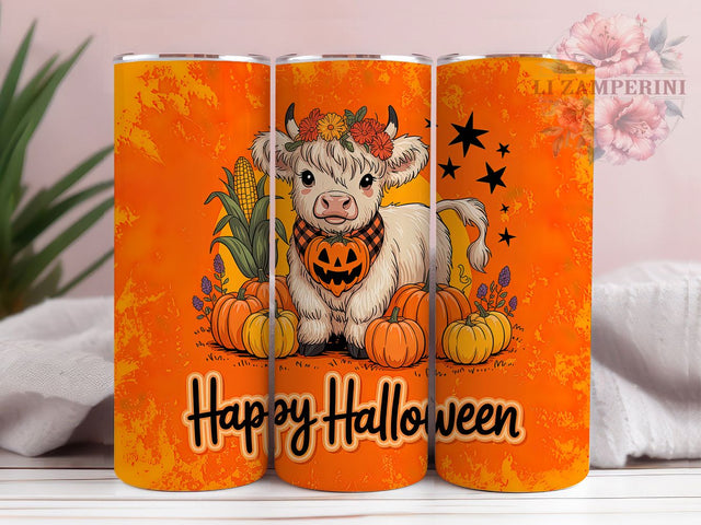 Happy Halloween Highland Cow Tumbler Wrap, Happy Halloween Mug, Fall Pumpkin Art, 20Oz Tumbler Wrap, Sublimation Design, Rustic Autumn Drinkware, Farm Animal Halloween Print Sublimation Li Zamperini 